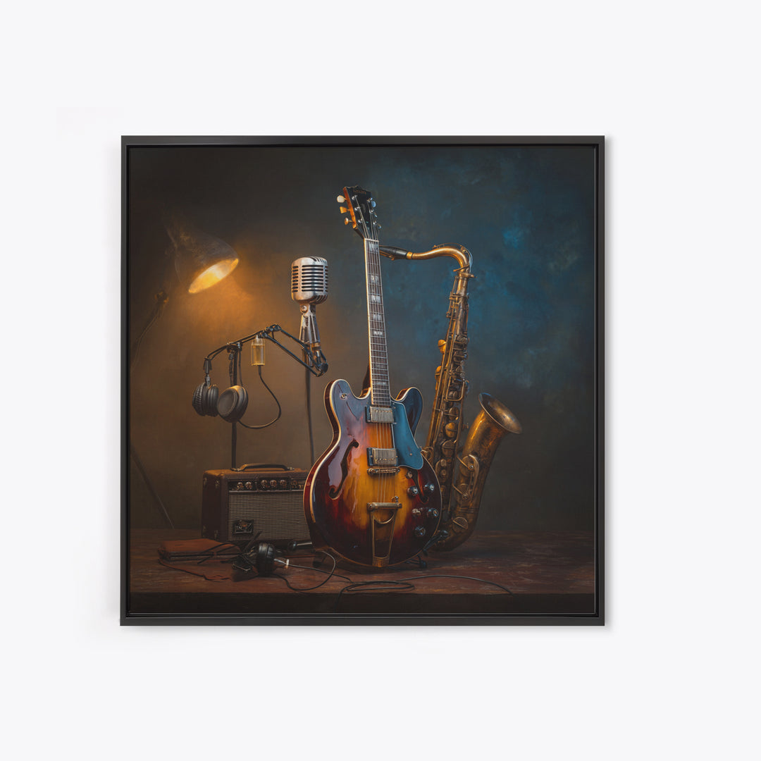 Classic Rock Guitar Still Life Framed Canvas Print, Basement Art, Fine Art Print, Living Room Decor, Fine Art, Retreat, BAS-1x1-53