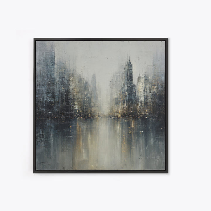 Dark Abstract City Skyline Framed Canvas Print, Basement Art, Western Decor, Living Room Decor, Retreat, Rustic Wall Art, BAS-1x1-7