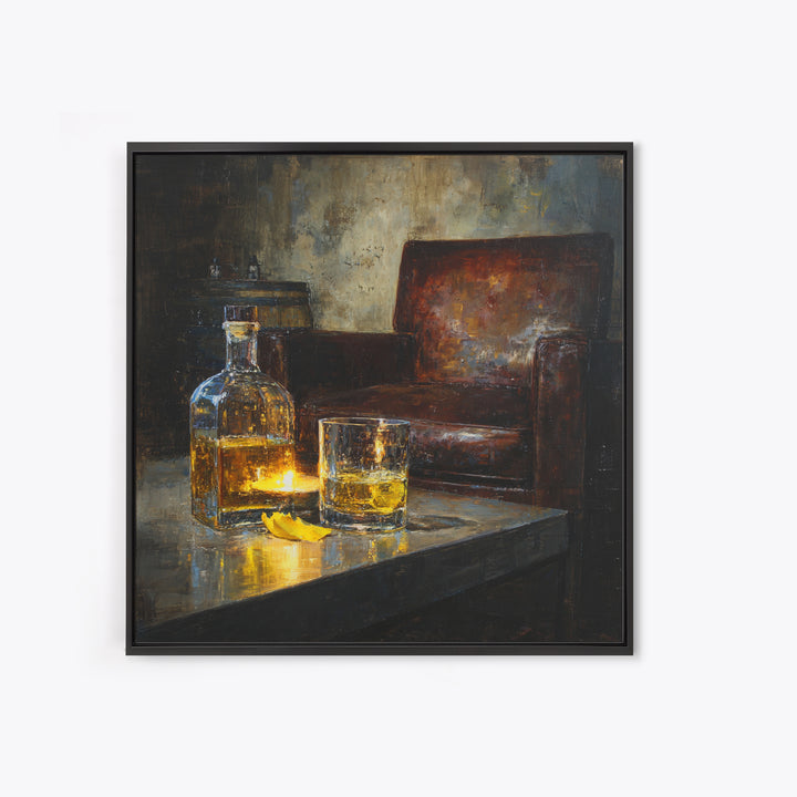 Whiskey Barrel and Leather Chair Mood Painting Canvas Print, Basement Art, Neutral Decor, Living Room Decor, Oil Painting, BAS-1x1-82