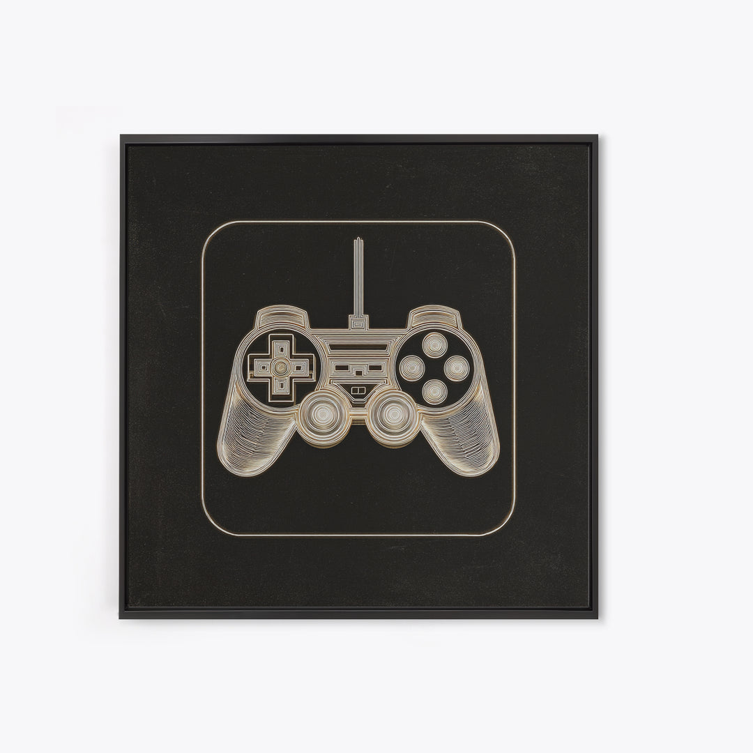 Neon Game Controller Icon on Black Background Framed Canvas Print, Basement Art, Luxury Decor, Living Room Decor, Oil Painting, BAS-1x1-93