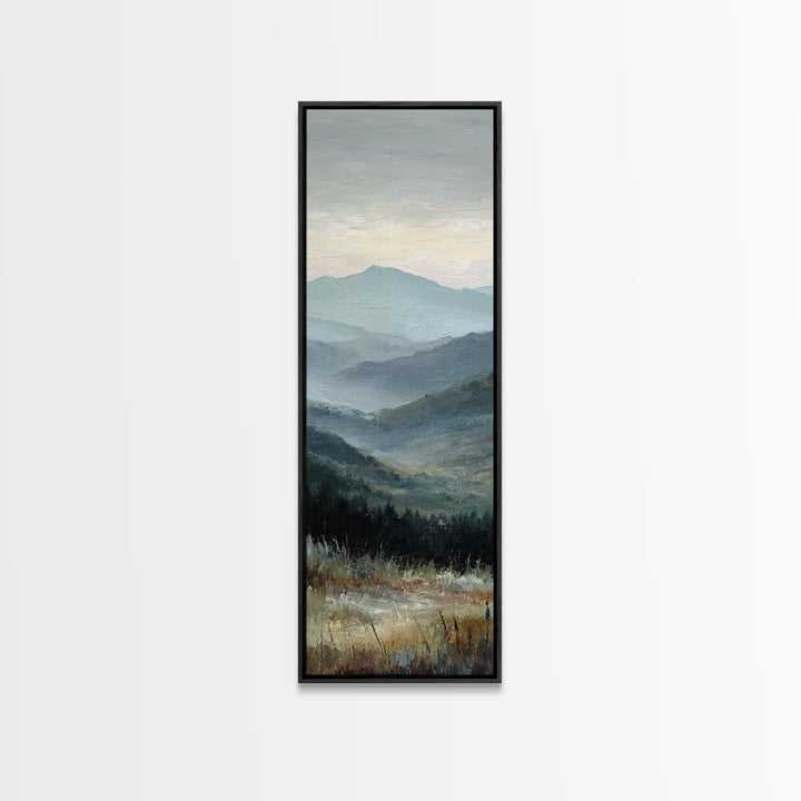 Moody Mountain Landscape for a Cozy Lounge Framed Canvas Print, Basement Art, Home Decor, Living Room Decor, Fine Art, Retreat, BAS-1x3-15