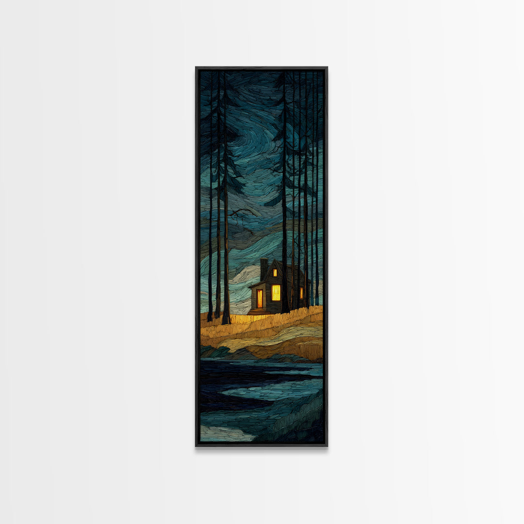 Forest Cabin Night Scene Canvas Print, Basement Art, Canvas, Living Room Decor, Retreat, Bar Art, Digital Art Download, BAS-1x3-27