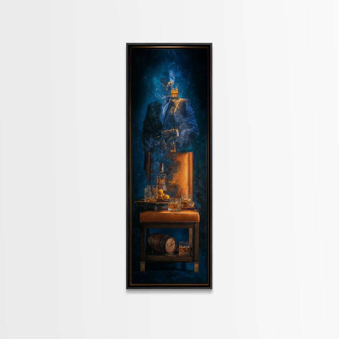 Whiskey Barrel and Leather Chair Mood Painting Framed Canvas Print, Basement Art, Game Room Decor, Living Room Decor, Retreat, BAS-1x3-46