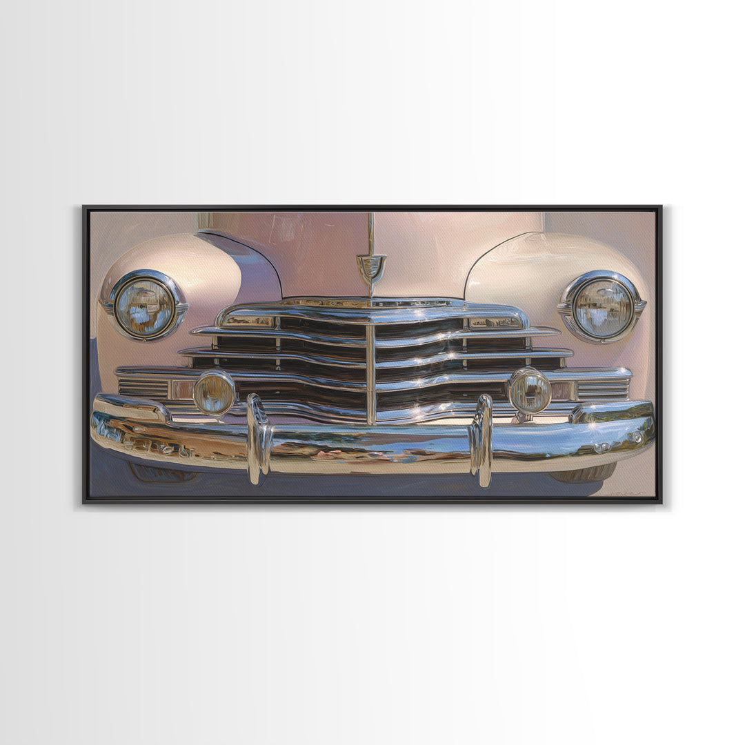 Classic Car Front Grill Closeup Framed Canvas Print, Basement Art, Statement Artwork, Living Room Decor, Fine Art, Retreat, BAS-2x1-18