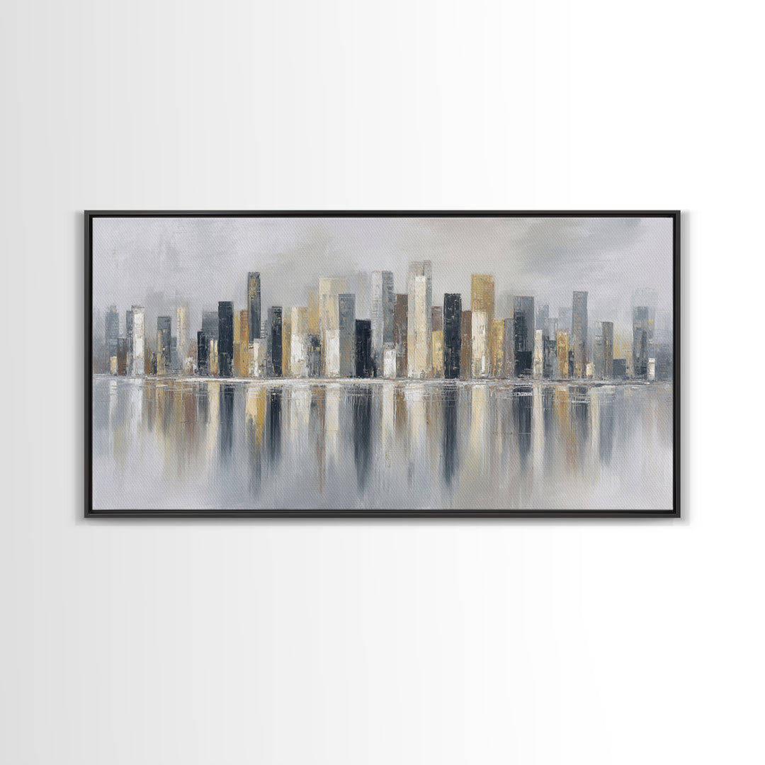 Dark Abstract City Skyline Framed Canvas Print, Basement Art, Western Decor, Living Room Decor, Retreat, Rustic Wall Art, BAS-2x1-3