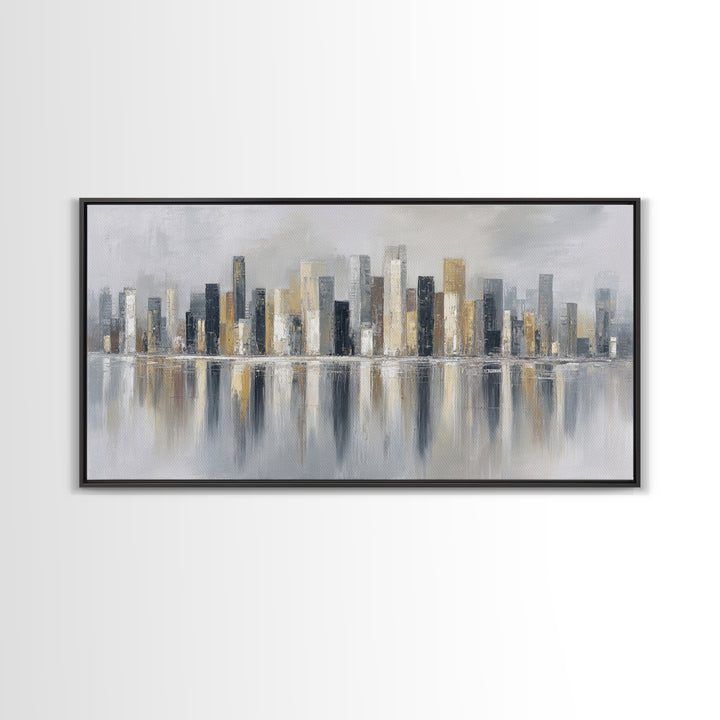 Dark Abstract City Skyline Framed Canvas Print, Basement Art, Western Decor, Living Room Decor, Retreat, Rustic Wall Art, BAS-2x1-3