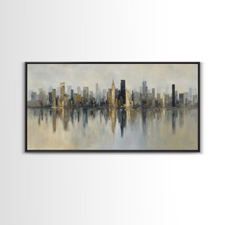 Dark Abstract City Skyline Framed Canvas Print, Basement Art, Digital Art Prints, Living Room Decor, Abstract Art, Retreat, BAS-2x1-51