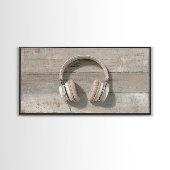 Vinyl Record and Headphones on Worn Wood Canvas Print, Basement Art, Classroom Decor, Living Room Decor, Oil Painting, Retreat, BAS-2x1-53