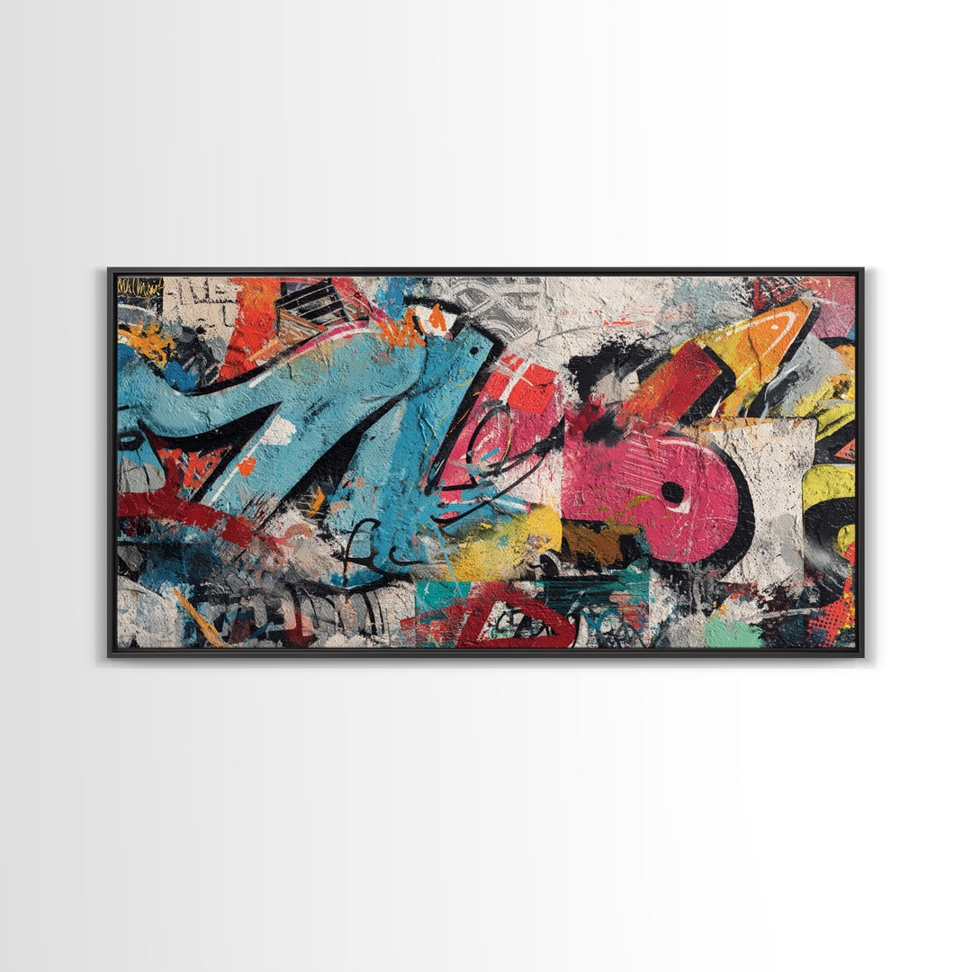 Urban Brick Graffiti Panel Framed Canvas Print, Basement Art, Game Room Decor, Living Room Decor, Fine Art, Retreat, BAS-2x1-67