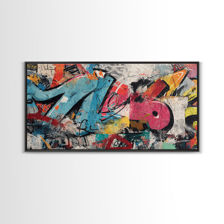 Urban Brick Graffiti Panel Framed Canvas Print, Basement Art, Game Room Decor, Living Room Decor, Fine Art, Retreat, BAS-2x1-67