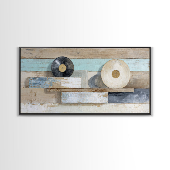 Vinyl Record and Headphones on Worn Wood Canvas Print, Basement Art, Classroom Decor, Living Room Decor, Oil Painting, Retreat, BAS-2x1-77