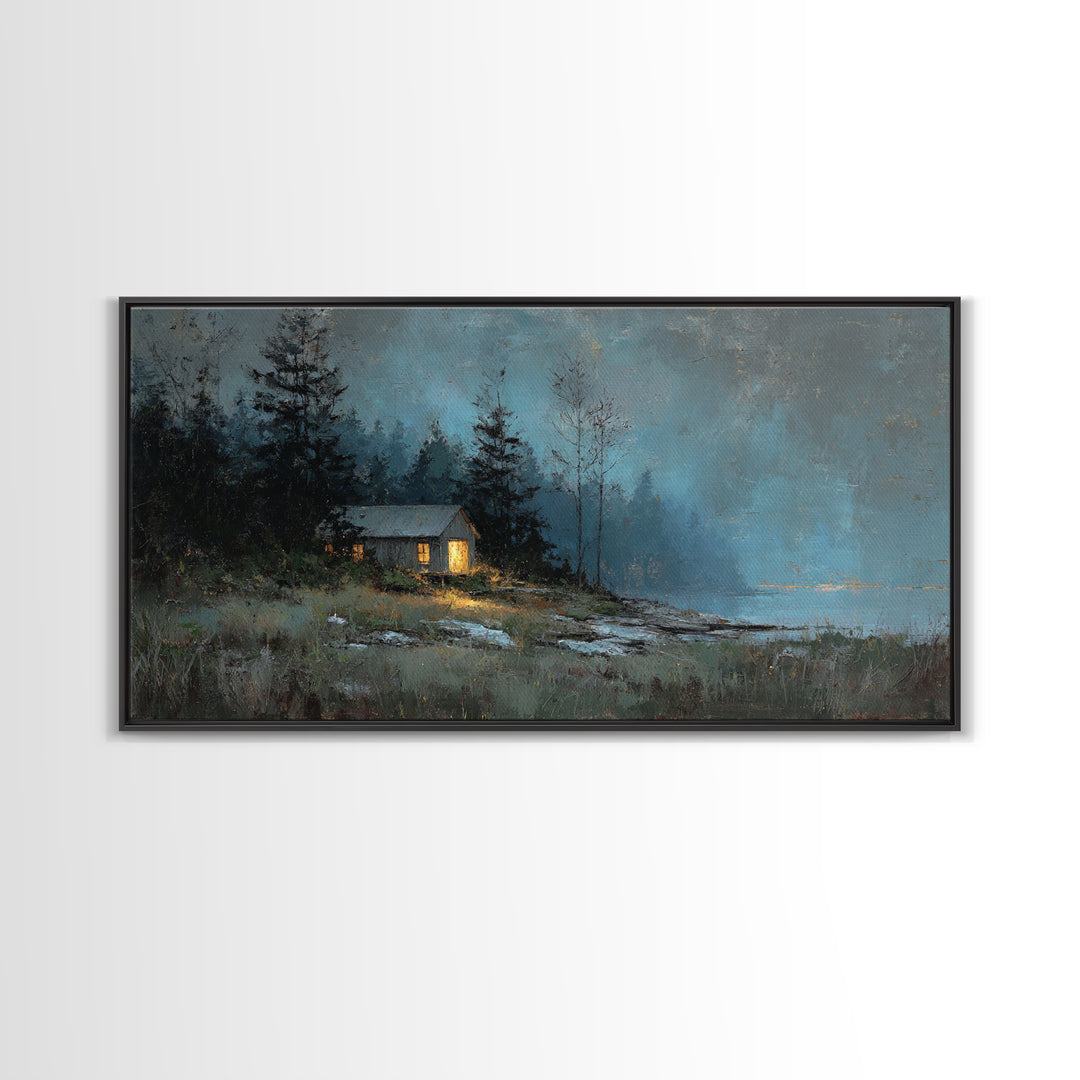 Forest Cabin Night Scene Framed Canvas Print, Basement Art, Contemporary Art, Living Room Decor, Oil Painting, Retreat, BAS-2x1-83