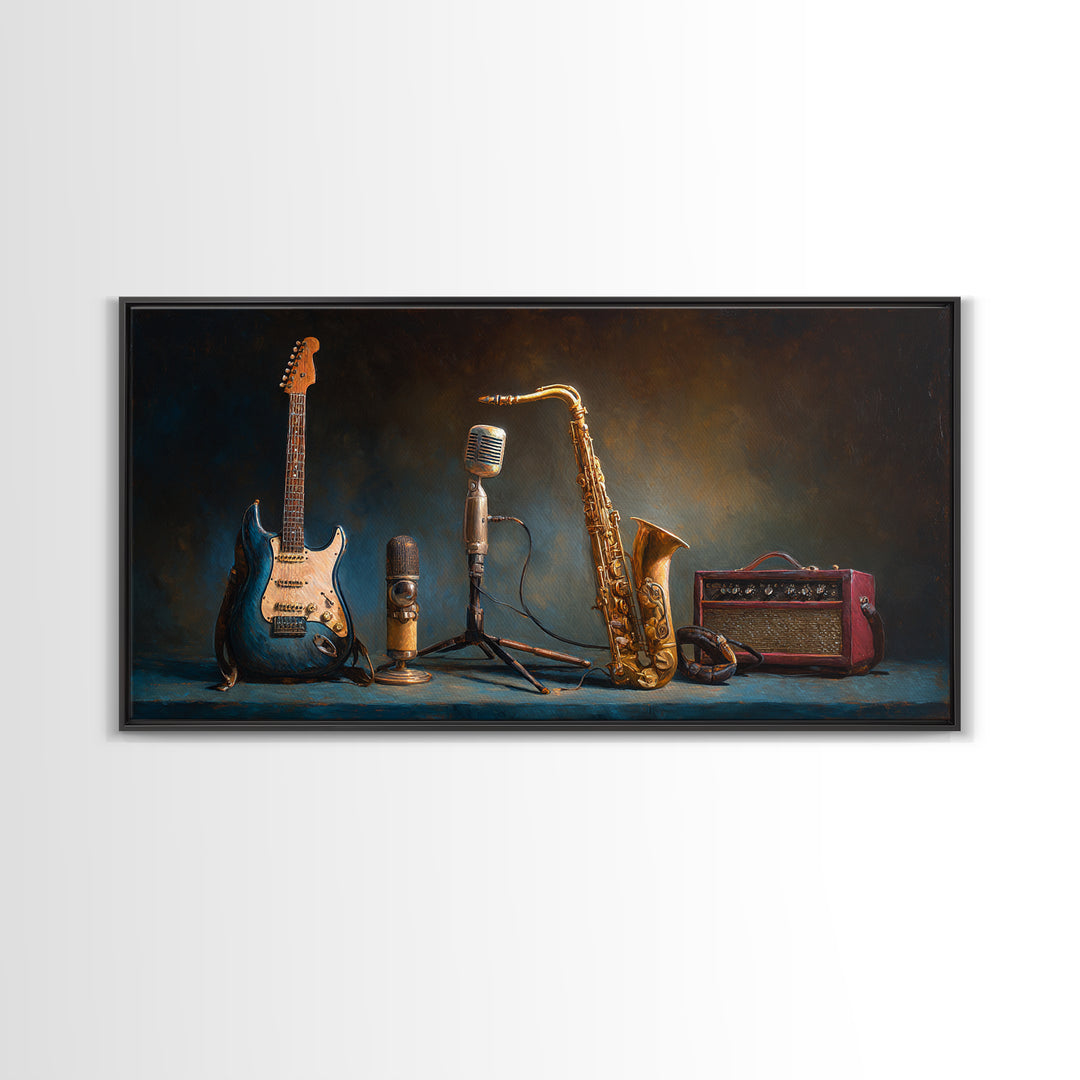 Classic Rock Guitar Still Life Framed Canvas Print, Basement Art, Digital Art Prints, Living Room Decor, Fine Art, Retreat, BAS-2x1-97