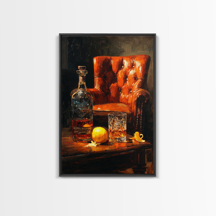 Whiskey Barrel and Leather Chair Mood Painting Canvas Print, Basement Art, Home Decor, Living Room Decor, Oil Painting, Retreat, BAS-2x3-66