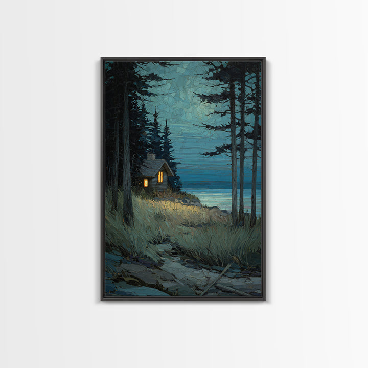 Forest Cabin Night Scene Canvas Print, Basement Art, Oil Painting, Living Room Decor, Retreat, Man Cave Decor, Bar Wall Art, BAS-2x3-71