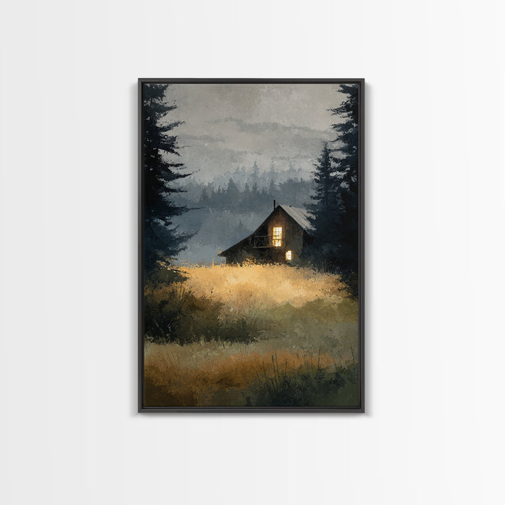 Forest Cabin Night Scene Canvas Print, Basement Art, Digital Art Download, Living Room Decor, Retreat, Steampunk Wall Art, BAS-2x3-95