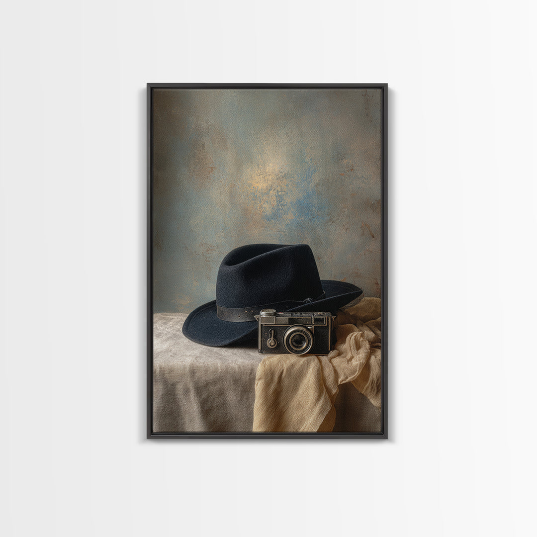 Noir Detective Hat and Camera Still Life Canvas Print, Basement Art, Digital Art Prints, Living Room Decor, Fine Art, Retreat, BAS-2x3-99