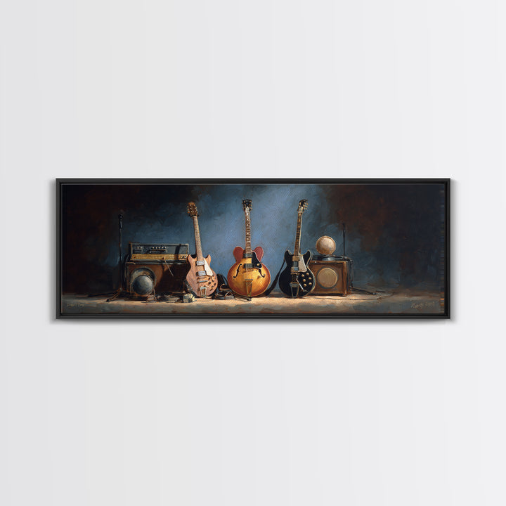 Classic Rock Guitar Still Life Framed Canvas Print, Basement Art, Cocktail Art, Living Room Decor, Fine Art, Retreat, BAS-3x1-69
