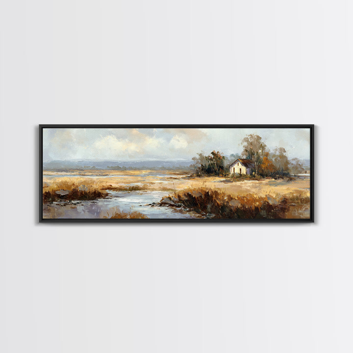 Forest Cabin Night Scene Framed Canvas Print, Basement Art, Western Decor, Living Room Decor, Retreat, Rustic Wall Art, BAS-3x1-79