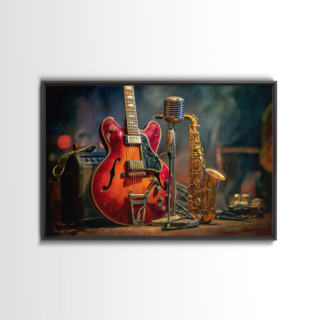 Classic Rock Guitar Still Life Canvas Print, Basement Art, Aesthetic Wall Art, Living Room Decor, Retreat, Modern Decor, BAS-3x2-33
