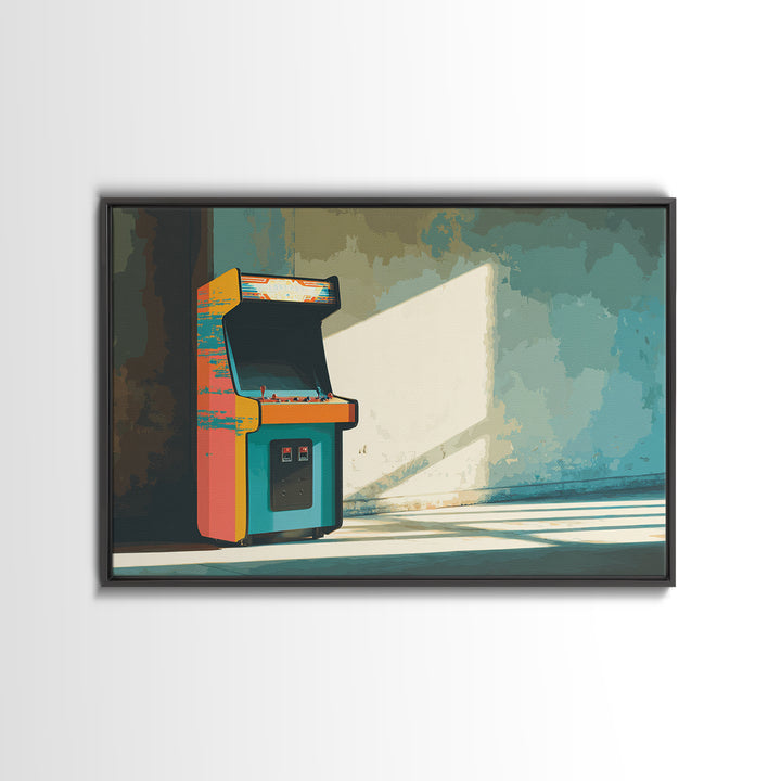 Retro Arcade Cabinet Graphic Framed Canvas Print, Basement Art, Bar Wall Art, Living Room Decor, Retreat, Neutral Decor, BAS-3x2-5