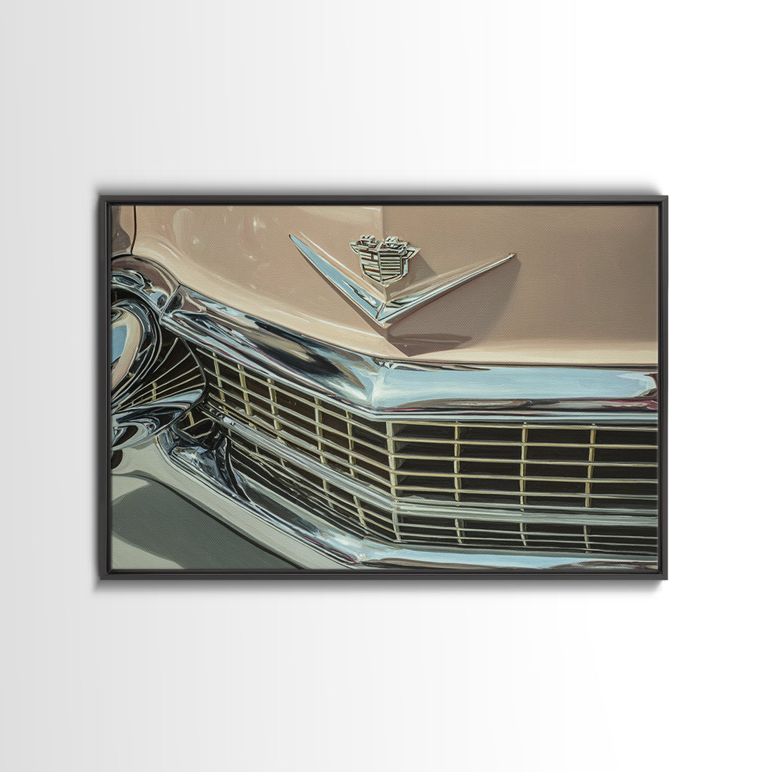 Classic Car Front Grill Closeup Framed Canvas Print, Basement Art, Bar Decor, Living Room Decor, Oil Painting, Retreat, BAS-3x2-50
