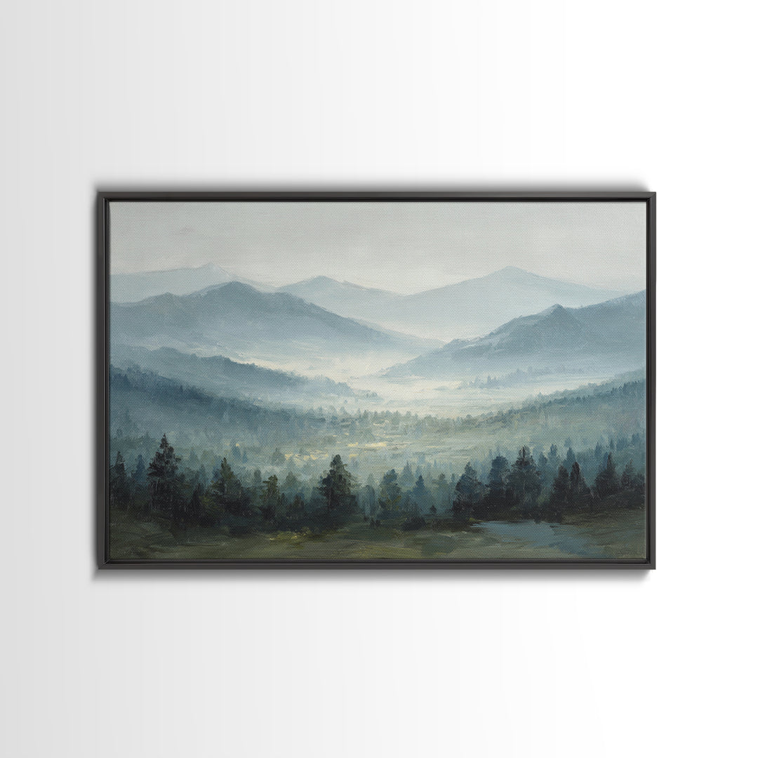 Moody Mountain Landscape for a Cozy Lounge Framed Canvas Print, Basement Art, Original Art Prints, Living Room Decor, Retreat, BAS-3x2-79