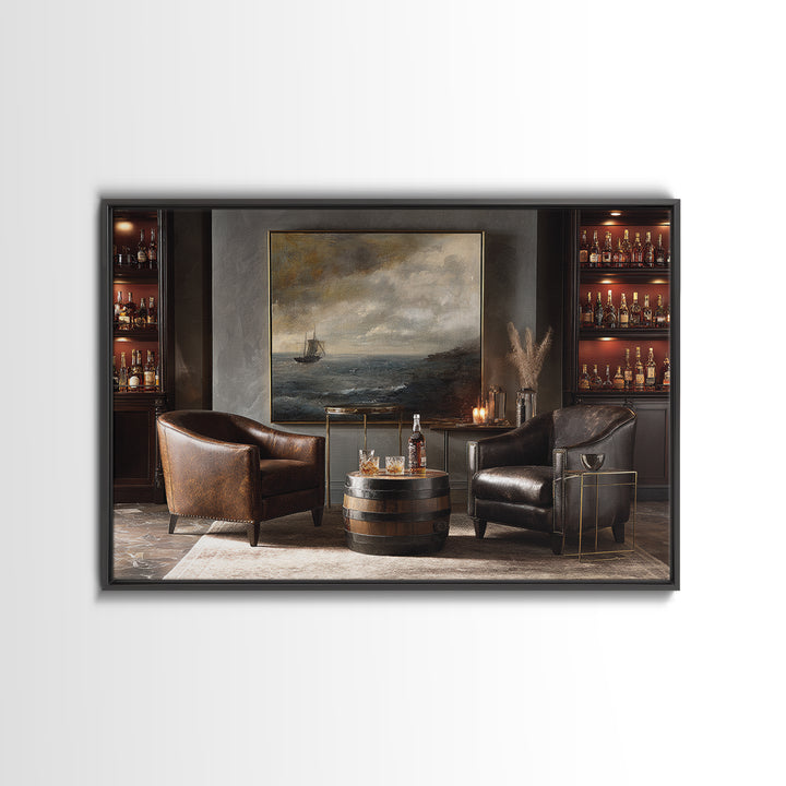 Whiskey Barrel and Leather Chair Mood Painting Framed Canvas Print, Basement Art, Man Cave Decor, Living Room Decor, Retreat, BAS-3x2-86