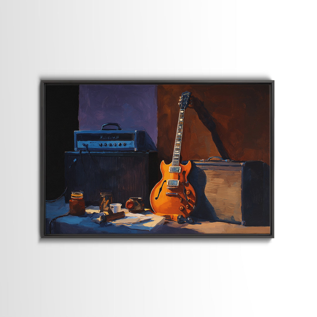 Classic Rock Guitar Still Life Framed Canvas Print, Basement Art, Custom Wall Art, Living Room Decor, Fine Art, Retreat, BAS-3x2-9