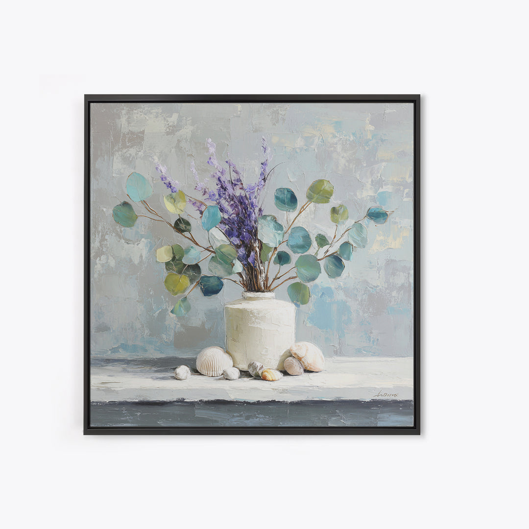 Lavender Sprigs in a Ceramic Vase Framed Canvas Print, Bathroom Art, Digital Art, Bathroom Decor, Fine Art, Spa, Dopamine Decor, BAT-1x1-12