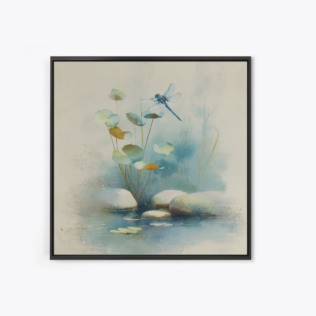 Delicate Dragonfly Above a Pond Surface Framed Canvas Print, Bathroom Art, Modern Art, Bathroom Decor, Fine Art, Spa, BAT-1x1-24