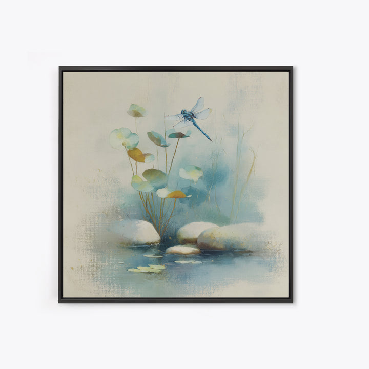 Delicate Dragonfly Above a Pond Surface Framed Canvas Print, Bathroom Art, Modern Art, Bathroom Decor, Fine Art, Spa, BAT-1x1-24