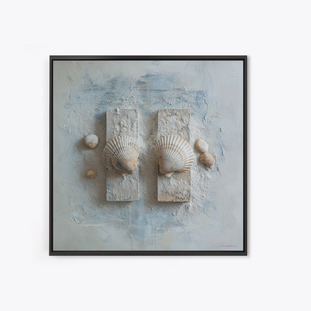 Minimal Seashell Still Life on Pale Sand Framed Canvas Print, Bathroom Art, Canvas Wall Art, Bathroom Decor, Fine Art, Spa, BAT-1x1-27