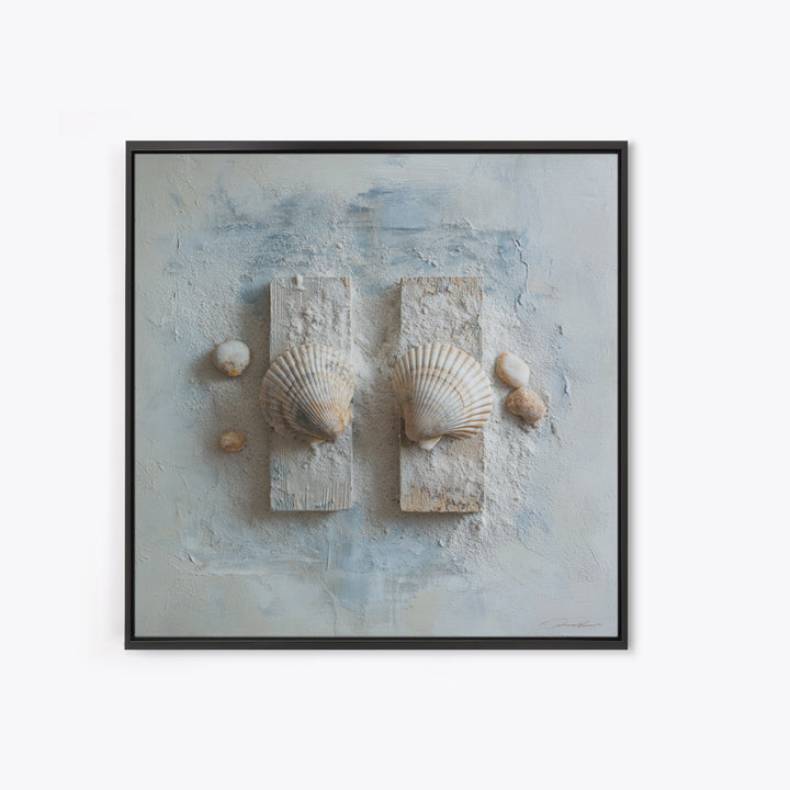 Minimal Seashell Still Life on Pale Sand Framed Canvas Print, Bathroom Art, Canvas Wall Art, Bathroom Decor, Fine Art, Spa, BAT-1x1-27