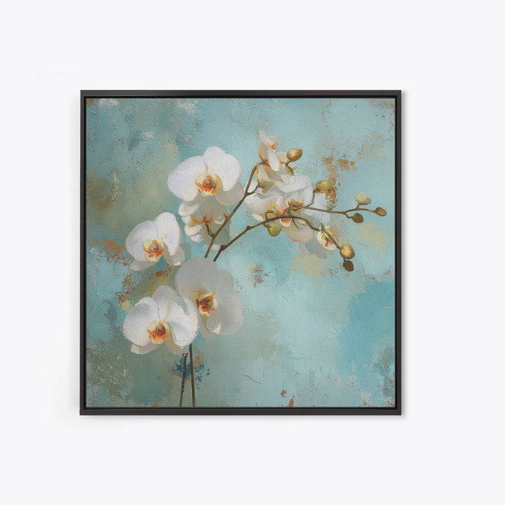 White Orchid on Warm Stone Background Framed Canvas Print, Bathroom Art, Bathroom Decor, Oil Painting, Spa, Modern Wall Art, BAT-1x1-28