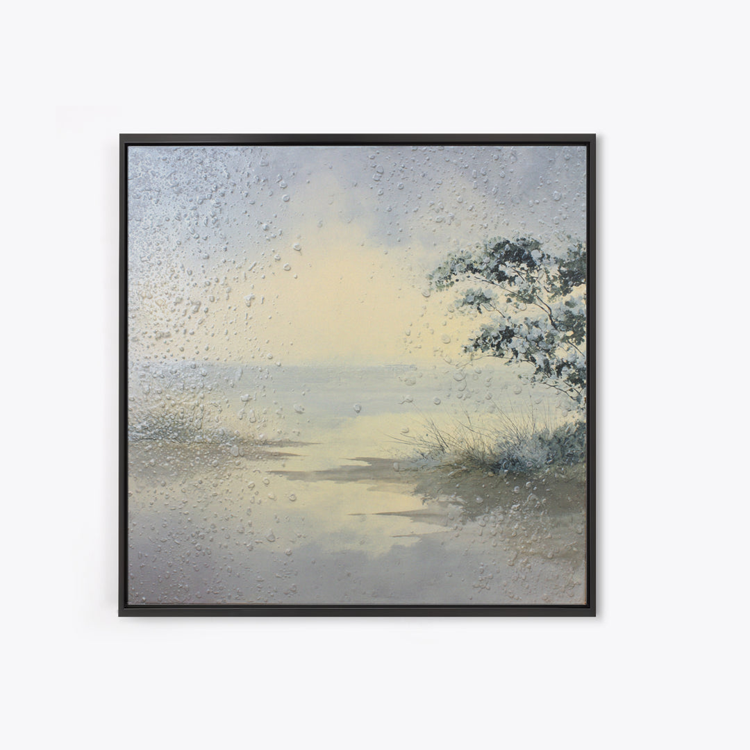 Misty Lake Scene Framed Canvas Print, Bathroom Art, Trendy Wall Art, Bathroom Decor, Fine Art, Spa, Textured Painting, BAT-1x1-57