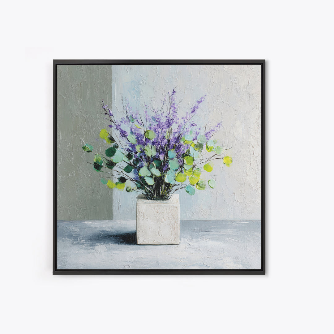 Lavender Sprigs in a Ceramic Vase Framed Canvas Print, Bathroom Art, Bathroom Wallpaper, Bathroom Decor, Abstract Art, Spa, BAT-1x1-84