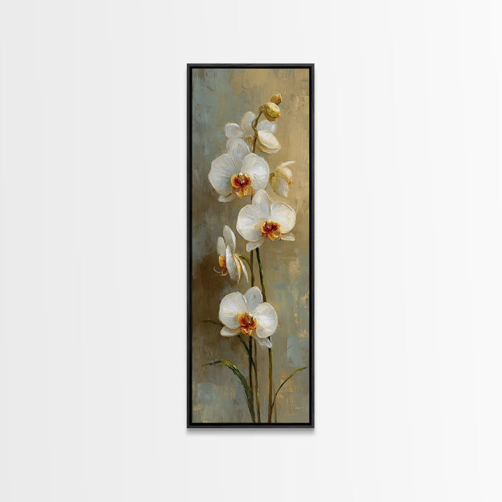 White Orchid on Warm Stone Background Framed Canvas Print, Bathroom Art, Home Decor, Bathroom Decor, Spa, Canvas Wall Art, BAT-1x3-64
