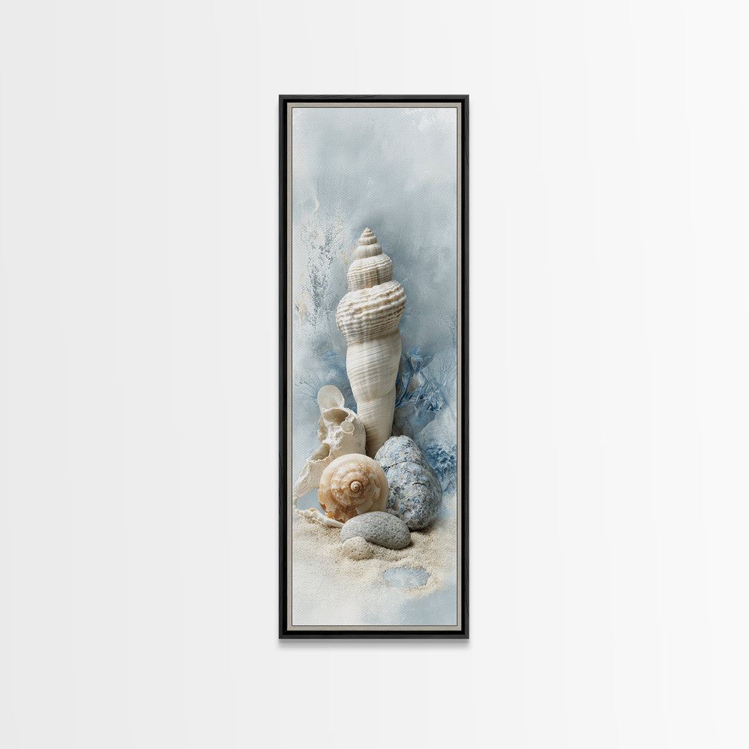 Minimal Seashell Still Life on Pale Sand Framed Canvas Print, Bathroom Art, Canvas Wall Art, Bathroom Decor, Fine Art, Spa, BAT-1x3-87