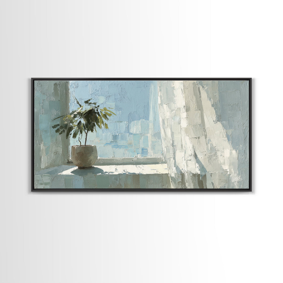 Sunlit Window Plant Shadow on Plaster Framed Canvas Print, Bathroom Art, Bathroom Print, Bathroom Decor, Watercolor Art, Spa, BAT-2x1-14