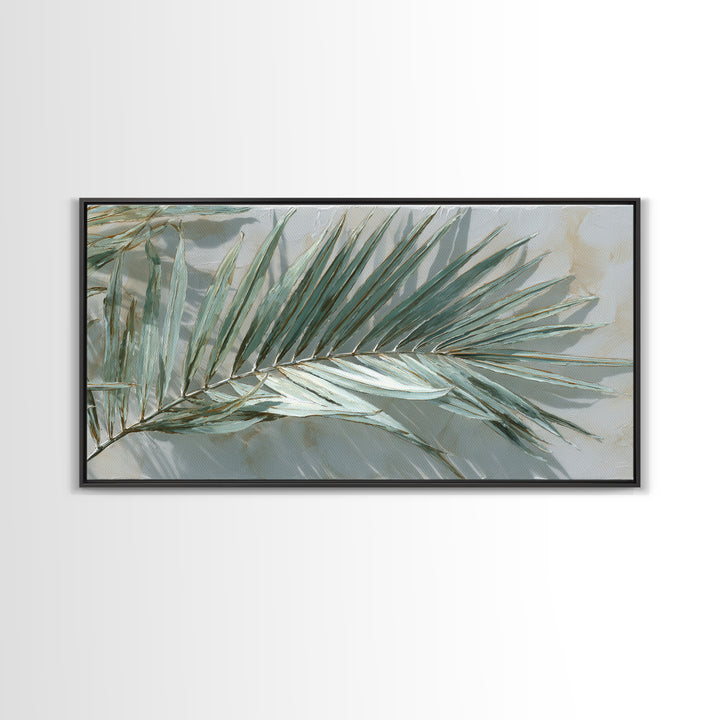 Simple Palm Frond on Off White Linen Framed Canvas Print, Bathroom Art, Bathroom Art Decor, Bathroom Decor, Abstract Art, Spa, BAT-2x1-19