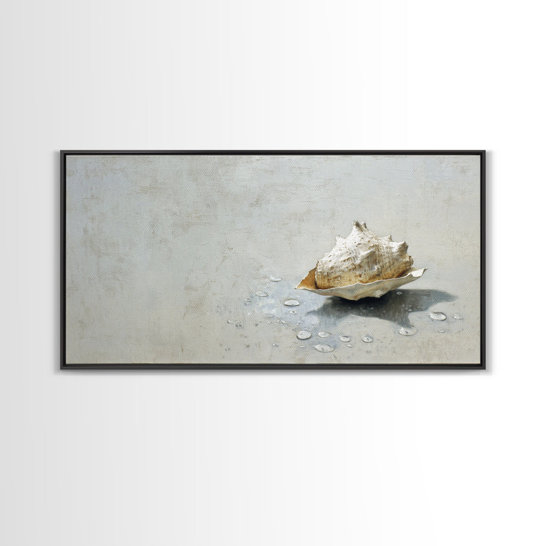 Minimal Seashell Still Life on Pale Sand Framed Canvas Print, Bathroom Art, Digital Art, Bathroom Decor, Watercolor Art, Spa, BAT-2x1-23
