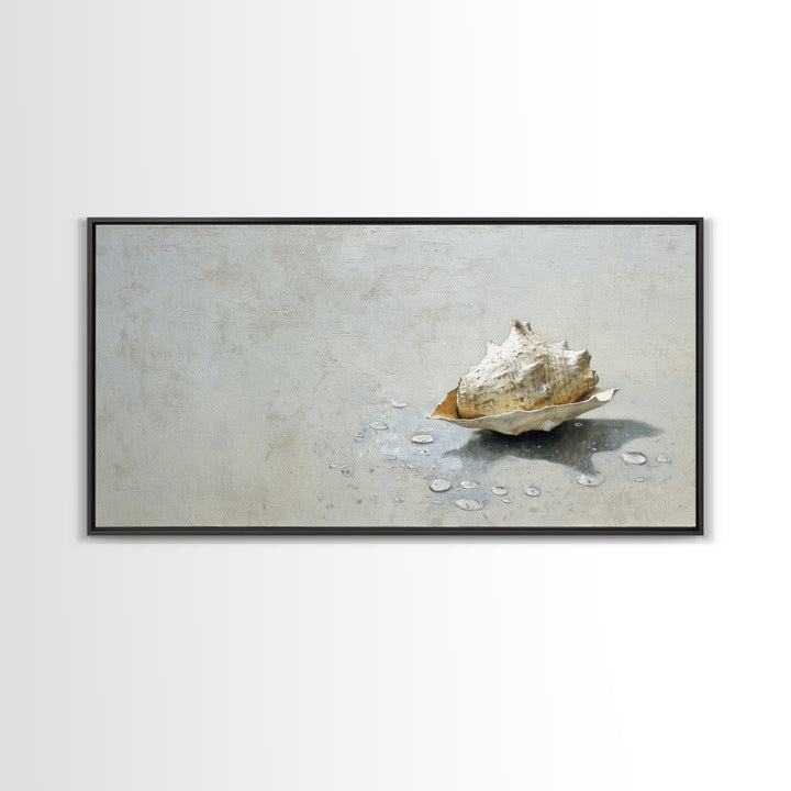Minimal Seashell Still Life on Pale Sand Framed Canvas Print, Bathroom Art, Digital Art, Bathroom Decor, Watercolor Art, Spa, BAT-2x1-23