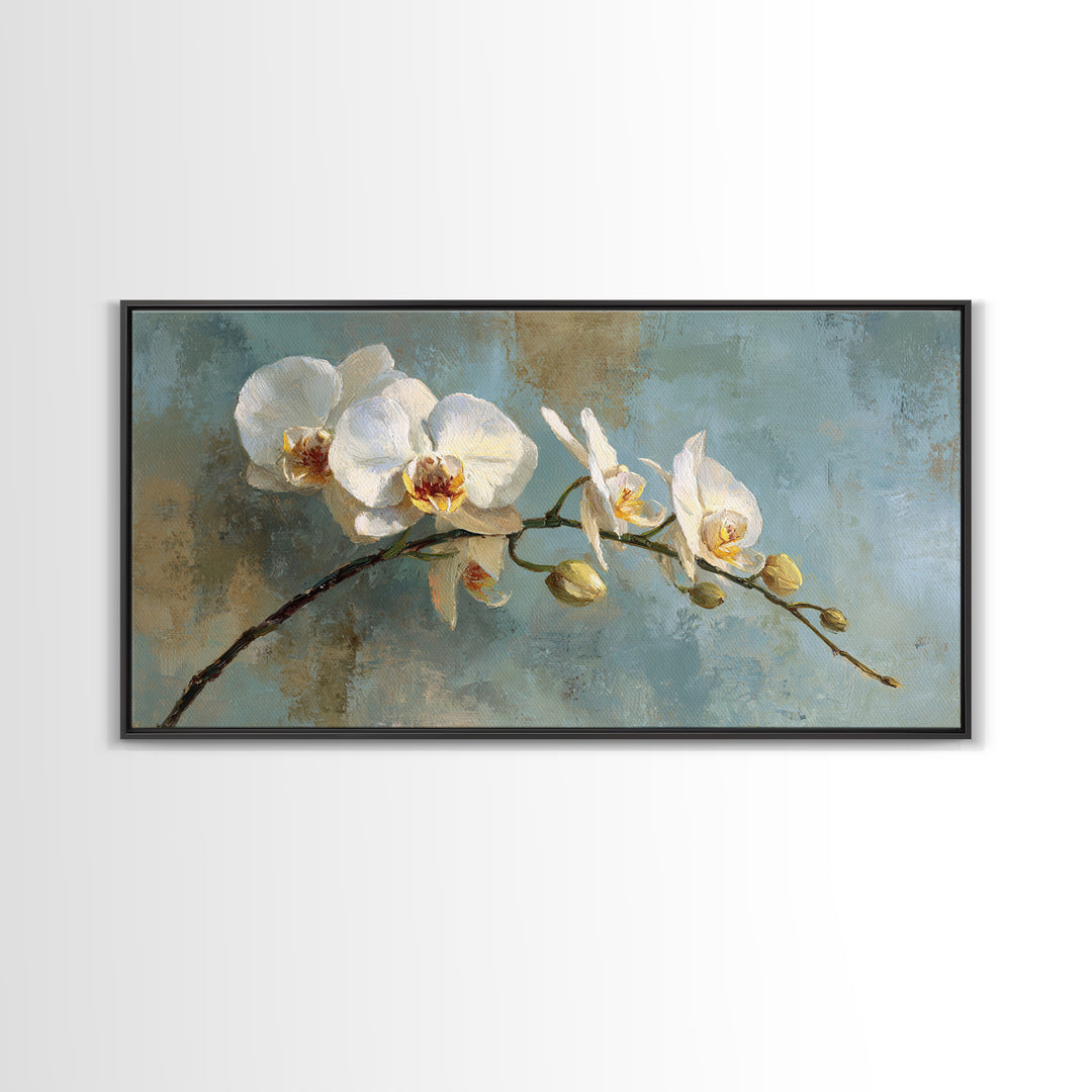 White Orchid on Warm Stone Background Framed Canvas Print, Bathroom Art, Textured Painting, Bathroom Decor, Fine Art, Spa, BAT-2x1-24