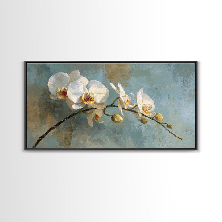 White Orchid on Warm Stone Background Framed Canvas Print, Bathroom Art, Textured Painting, Bathroom Decor, Fine Art, Spa, BAT-2x1-24