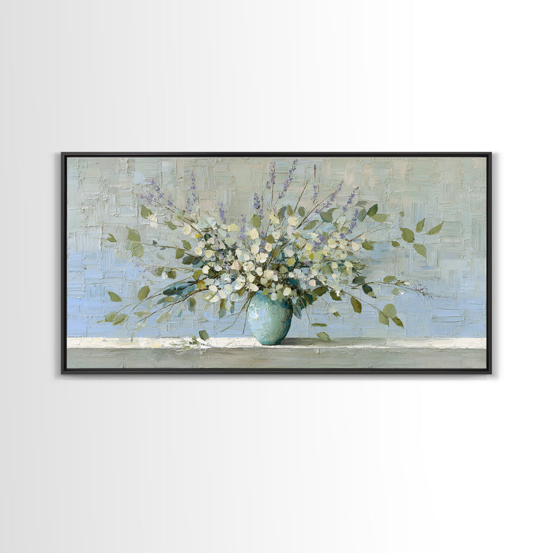Lavender Sprigs in a Ceramic Vase Canvas Print, Bathroom Art, Minimalist Decor, Bathroom Decor, Oil Painting, Spa, Wall Hanging, BAT-2x1-32
