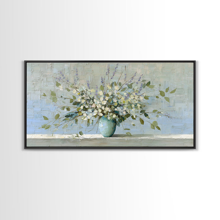 Lavender Sprigs in a Ceramic Vase Canvas Print, Bathroom Art, Minimalist Decor, Bathroom Decor, Oil Painting, Spa, Wall Hanging, BAT-2x1-32