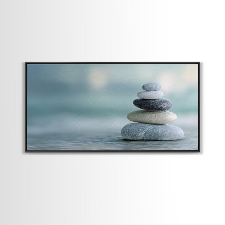 Monochrome Pebble Stack Framed Canvas Print, Bathroom Art, Statement Artwork, Bathroom Decor, Fine Art, Spa, Digital Art, BAT-2x1-33