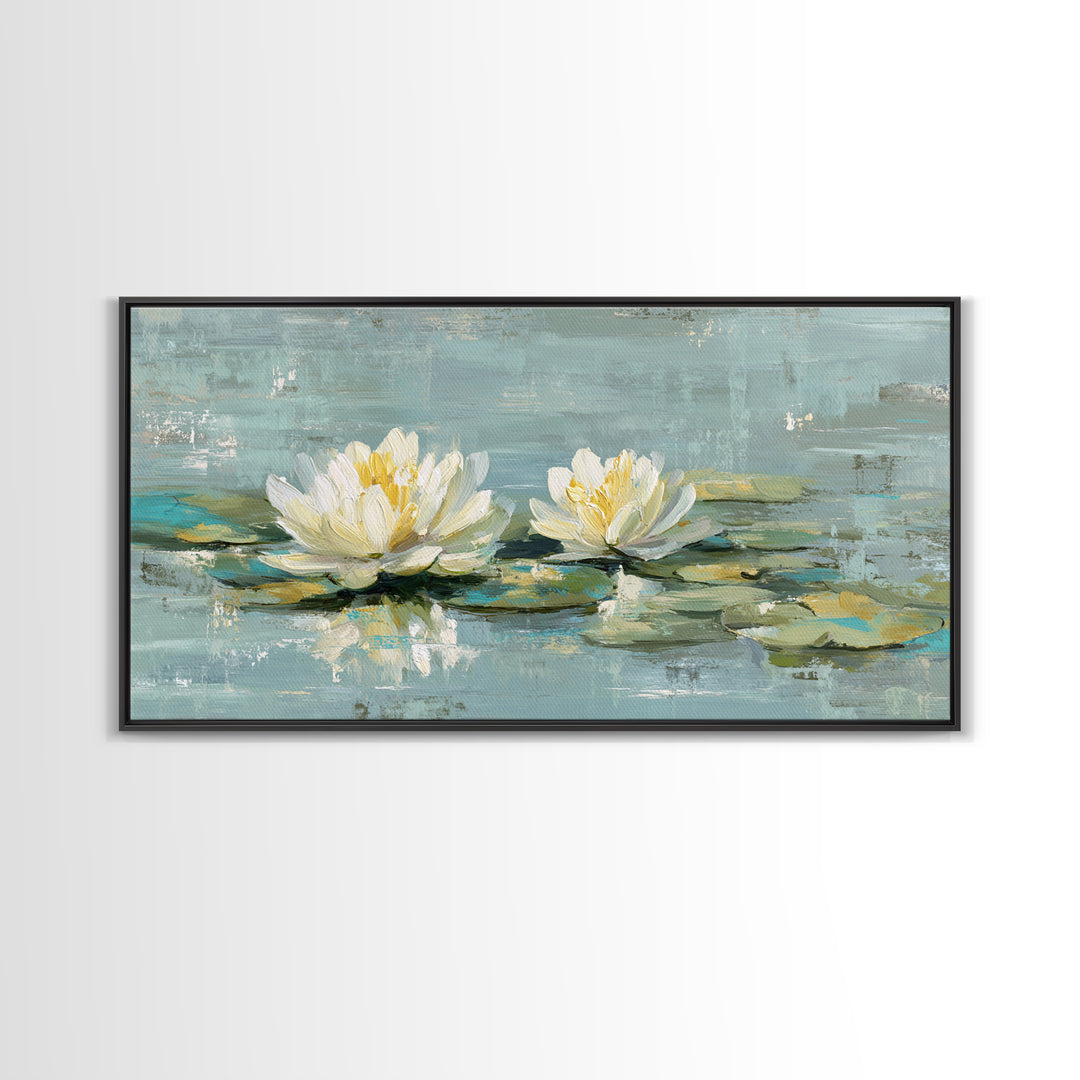 Lotus Flower Floating on Calm Water Framed Canvas Print, Bathroom Art, Wall Art, Bathroom Decor, Fine Art, Spa, Dog Portrait, BAT-2x1-40