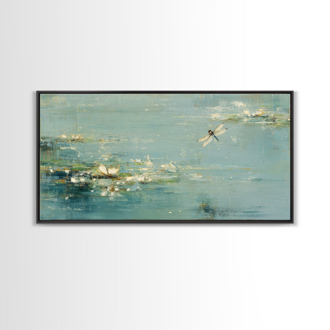 Delicate Dragonfly Above a Pond Surface Canvas Print, Bathroom Art, Room Decor, Bathroom Decor, Spa, Custom Pet Portrait, BAT-2x1-44